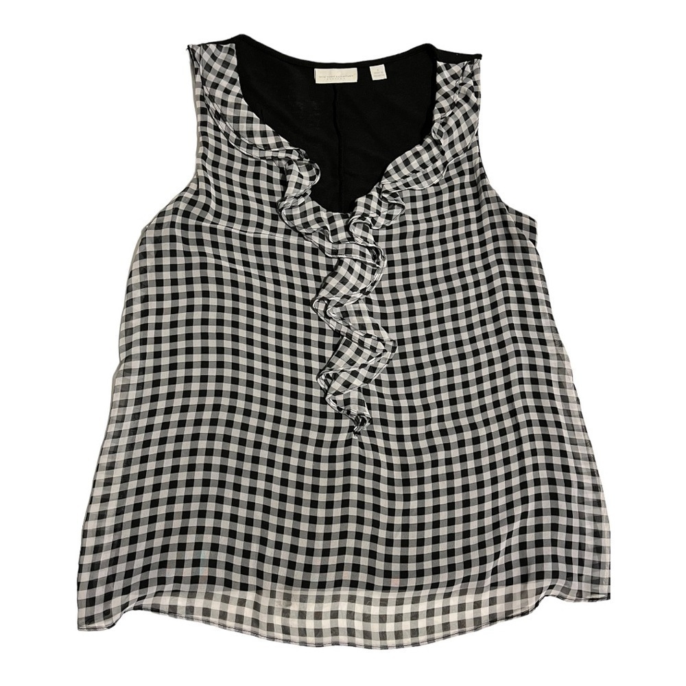 NY & Co Black/white Check sheer front overlay black V-neck tank